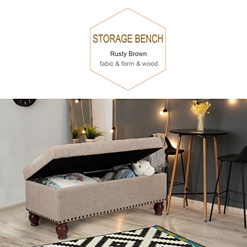 Asense Fabric Rectangle Tufted Lift Top Storage Ottoman Bench, Footstool with Solid Wood Legs, Nailhead Trim (Beige)