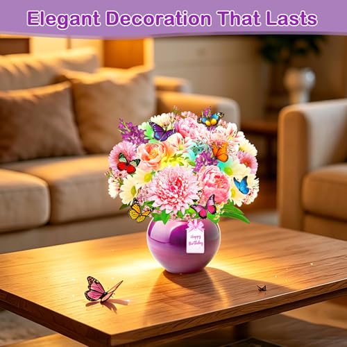 Pop Up Birthday Cards for Women with Birthday Music & Lights, Peony & Gerbera Flower Bouquet with Butterflies Design, 10 Inch Birthday Greeting Card for Mum, Wife, Sisters, Bonus Envelope & Note Card