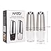 Kato Gravity Electric Salt and Pepper Grinders Set - Battery Operated, Stainless Steel & Acrylic Body Automatic Pepper Mills with Blue LED Light and Free Garlic Peeler, Silver
