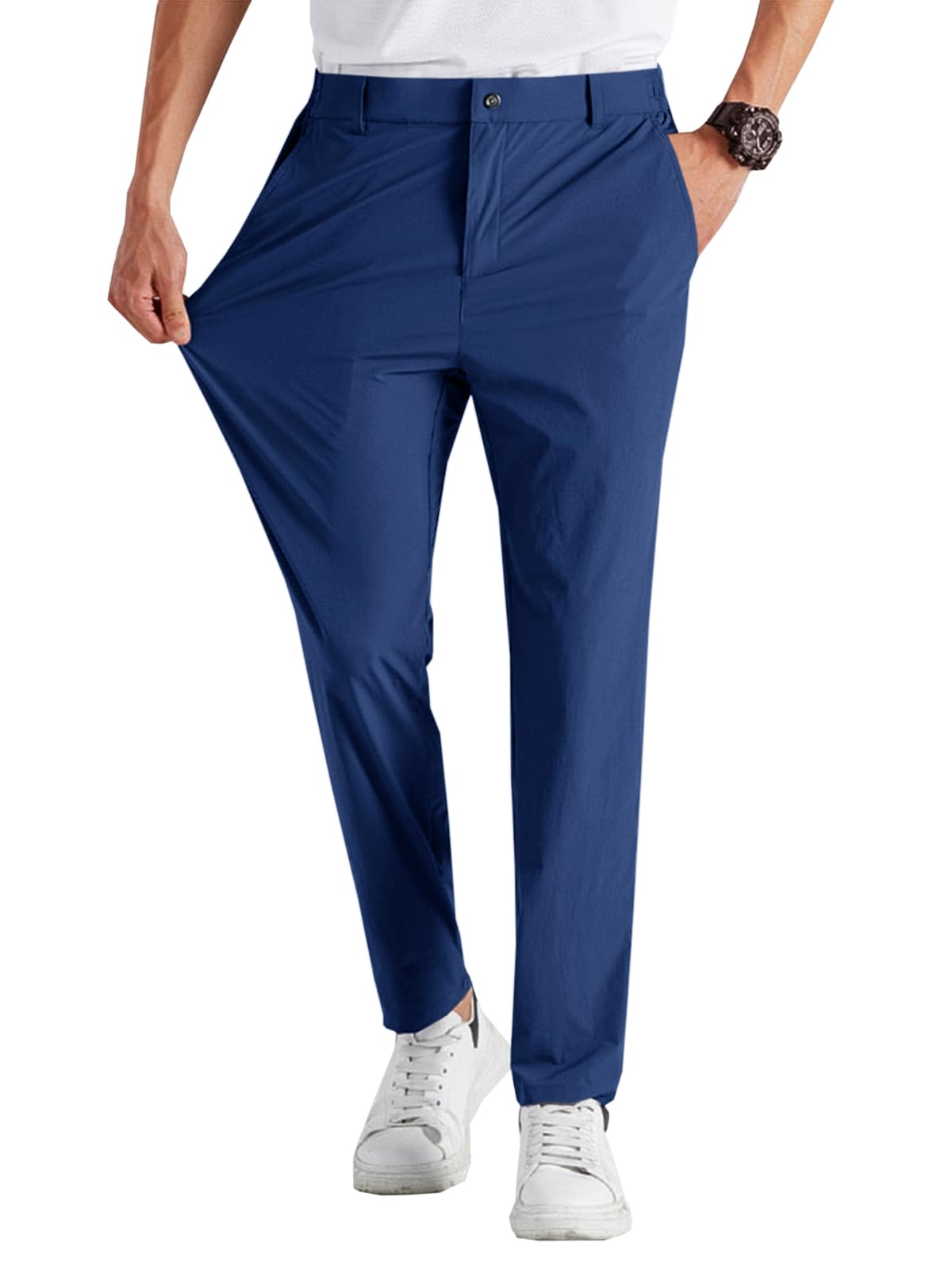 Photo 1 of **reference image**Runcati Mens Stretch Golf Pants Casual Slim Fit Dress Pants Elastic Waist Tapered Work Cropped Trousers Navy Blue