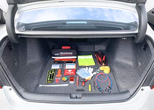 RISEN Premium Roadside Assistance Car Emergency Kit + Bonus First Aid Kit - Auto Safety Kit Contains Jumper Cables, Warning Triangle, Tow Rope, Screw Kit (63 Pcs/Pack)