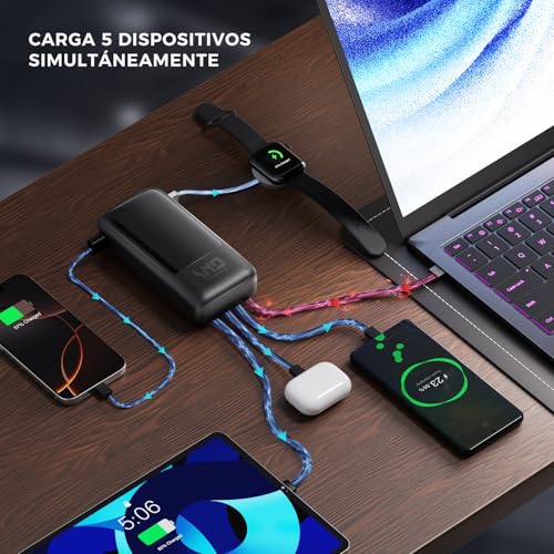 HUSEYTA Power Bank 20000mAh con Cables Integrados, Carga Rápida PD 22.5W, Batería Externa con 4 Cables y Pantalla LED, Compatible con iPhone, Samsung, Xiaomi