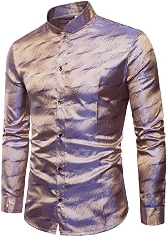 Sheng Xi Men's Print Stand Collar Silm Fit Glitter Nightclub Long-Sleeve Dress Shirts Golden M