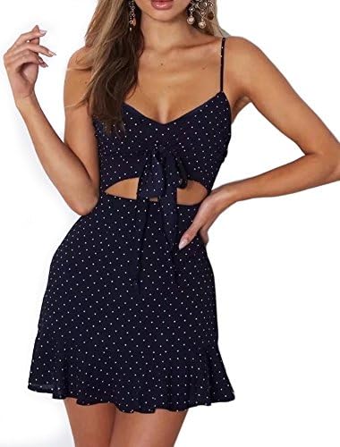 YiKeZhiXiu Women's Summer Floral Print Deep V Neck Backless Spaghetti Strap Mini Beach Dress with Lining