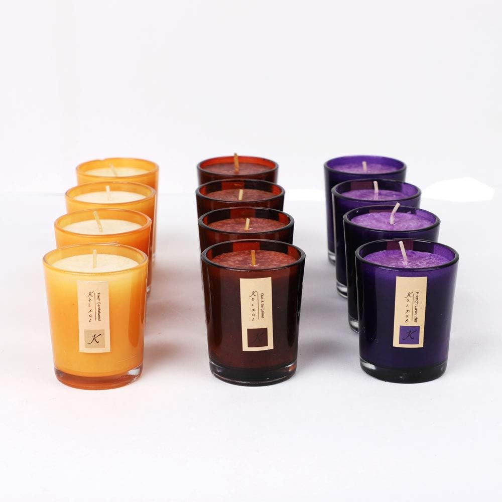 KRIXOT Assorted Set of 12 Coloured Glass Votives in 4 Fragrances | Fresh Sandalwood, Oud & Bergamot, French Lavender & Sandalwood Musk | Break Proof Packaging | Burn Time Upto 15 Hrs