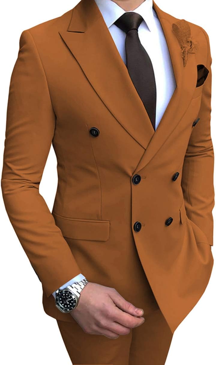 DingXuBao Men's Two Piece Suit Slim Fit Double Breasted Notch Lapel Casual/Formal/Wedding 