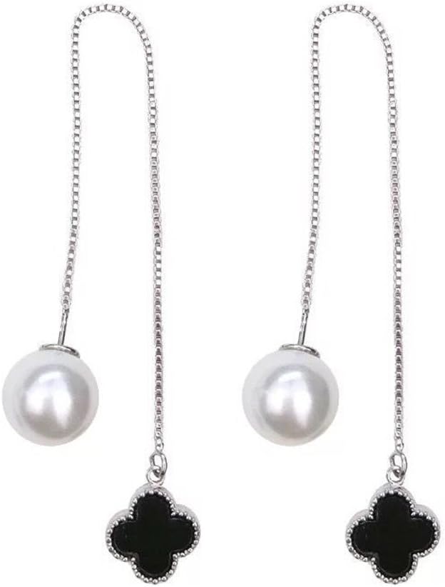 Sterling Silver Plated Beads Sided Black Onyx Four Clover Charm With Imitation Pearls Long Tassel Dangle Earrings