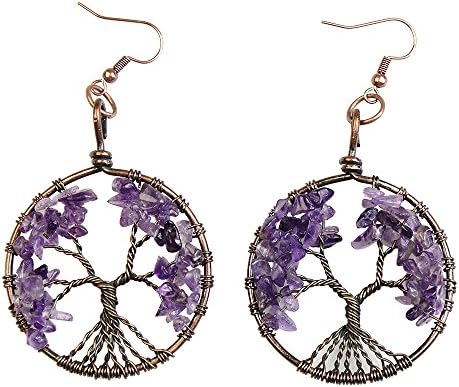 BAYUEBA Dangle Earrings Tree of Life Amethyst Rose Crystal Chakra Gemstone Jewelry Amethyst