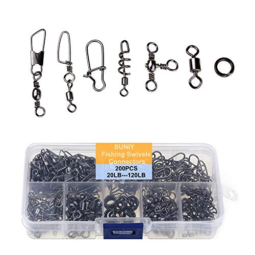 200PCS Fishing Swivels Connectors with 5 Types of High Strength Stainless Steel Fishing Barrel Swivels & Duo Lock Snaps & Double Split Rings Swivel Fish Line Connector 20LB to 120LB with Portable Box