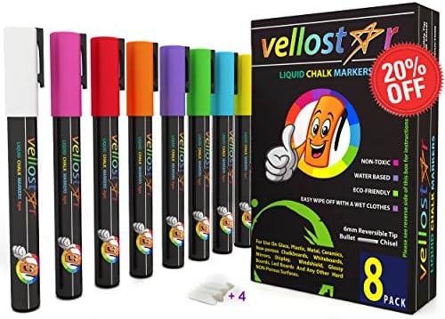 Vellostar Liquid Chalk Markers, Premium Quality, 6mm Reversible Nib with Bullet & Chisel Tips, Great To Paint on Glass & Non-porous Surfaces, Child Safe & Non-Toxic, 4 Extra Tips, 8 Piece
