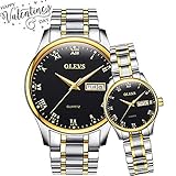 OLEVS His and Hers Watches Couple Matching Set, Business Casual Analog Quartz Luminous Wrist Watches for Women and Men, Classic Calendar Date Window Waterproof Titanium Steel Watches