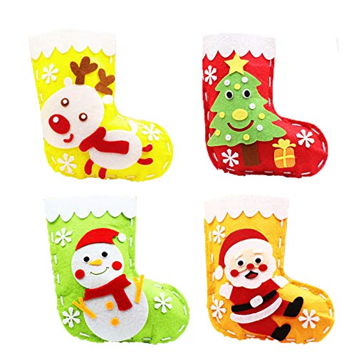 Mini Christmas Stocking Sewing Craft for Kids, Christmas Tree/Reindeer/Santa/Snowman Xmas Stockings Set DIY Felt Sewing Kit for Girls Boys Kids Goodie Bags Christmas Tree Family Holiday Party Ornament