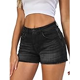 VIPONES Women Mid Rise Jeans Shorts Frayed Raw Hem Summer Stretchy Casual Denim Shorts