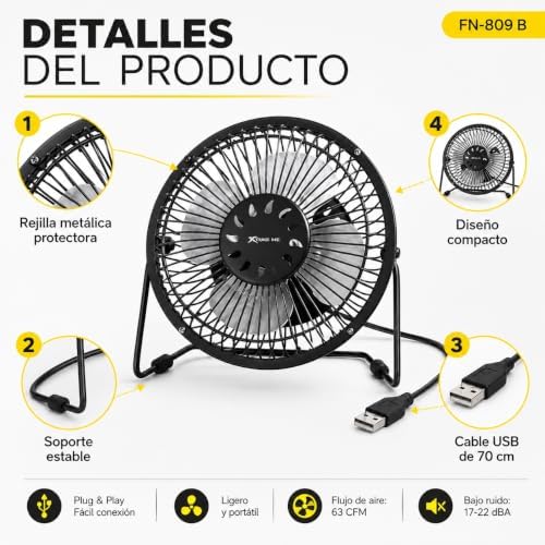 Ventilador personal de metal de 38 W, ventilador de mesa de alta velocidad con 3 aspas de aluminio, 3 velocidades, rejilla de seguridad, inclinación ajustable, (Negro)