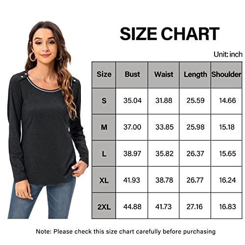 HUSKARY Black T Shirts for Women Long Sleeve Round Neck Button Decor Causal Blouse