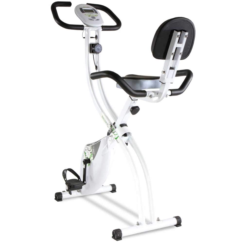 Tecnovita by BH BACK FIT YF91. Flywheel equivalent to 18 lbs. Get in shape in the comfort of your own home! Foldable fitness bicycle. Backrest and easy access. LCD Monitor. Folds easily. White