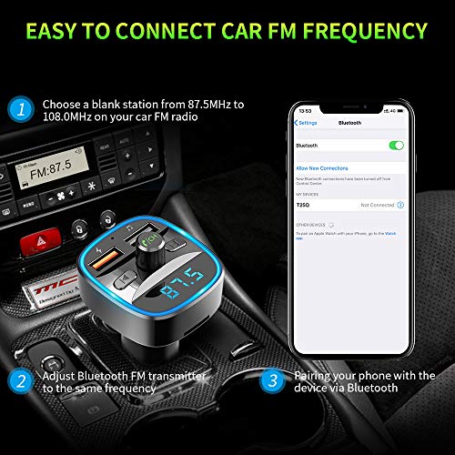 ZEXMTE Bluetooth FM Transmitter for Car QC 3.0 Wireless Bluetooth FM Audio Transmitter Adapter with Hands-Free Calling,Support USB Disk, Universal Bluetooth Transmitter Car kit