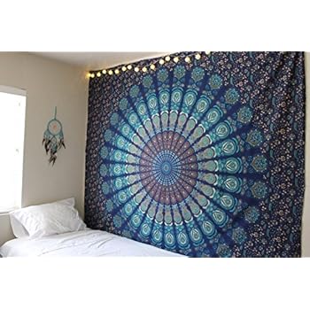 Amazon.com: Marubhumi Blue Tapestry Wall Hanging Mandala Tapestries Indian Cotton Bedspread 