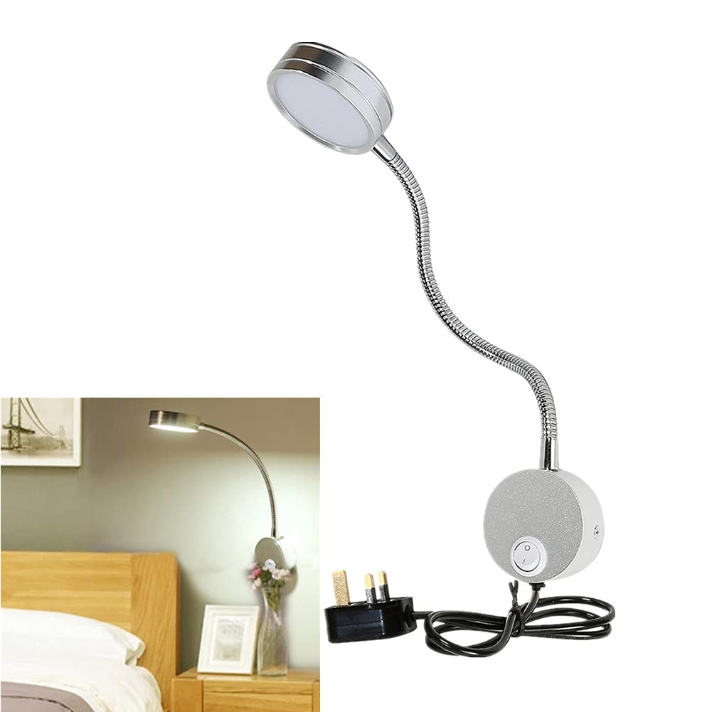BoYeeBo Flexible Arm 5W LED Bedside Reading Lights, Wall Mounted LED Wall Lamp Working Study Headboard Light with Plug & Switch for Bedroom, Office, Workbench, Studio (Silver, 6000K)