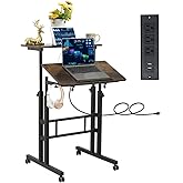 Hadulcet Mobile Standing Desk with Wheels, Rolling Desk Adjustable Height, Portable Laptop Table with Charging Station, Sit Stand up for Home Office, Study, Classroom, Rustic Brown