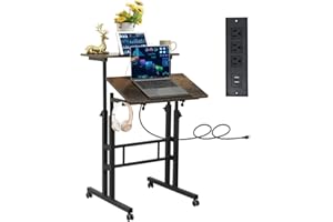 Hadulcet Mobile Standing Desk with Charging Station, Adjustable Standing Computer Desk, Standing Adjustable Laptop Cart with Wheels for Home Office Classroom Rustic Brown