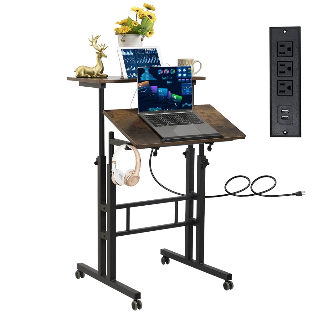 Standing Computer Charging Mua Hadulcet Mobile Standing Desk with Charging Station, Adjustable ...
