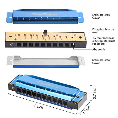 Blues Harmonica with Black Case (Blue), 10 Holes, 20 Tones, Key of C Blues Harmonica Stainless Steel, Suitable for Beginners and Professionals Players, Best Gift for Kids, Students, Friends