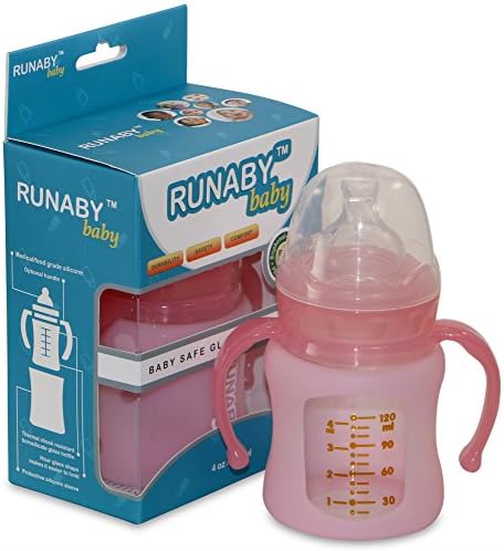 Glass Baby Bottle with Silicone Sleeve (4 oz., Pink) Wide Neck and Stage 1 Nipple