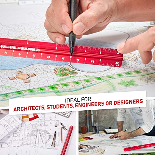 Holifiver Triangular Architectural Scale Ruler – 12” Imperial Scale for Blueprints, Engineering or Drafting – Perfect Gift for Students, Architects, Engineers – Aluminum Sleek Red Finish