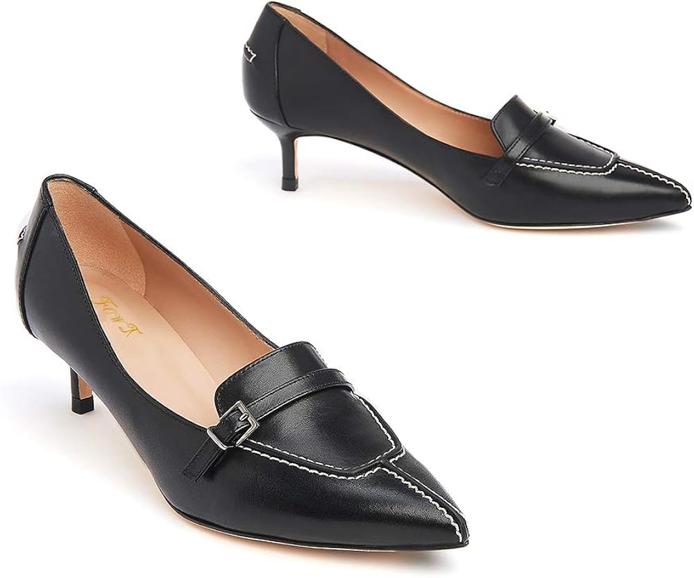 FOWT Pointed Toe Kitten Heel Pumps Mid Heel Buckle Penny Loafers Slip