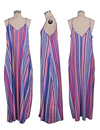 Vestido largo para mujer con tirantes de espagueti - Cuello en V a rayas