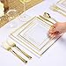 IOOOOO 120 Pieces Clear Gold Plastic Square Plates with Disposable Silverware, Disposable Plastic Dinnerware Include: 24 Dinner Plates 9.5