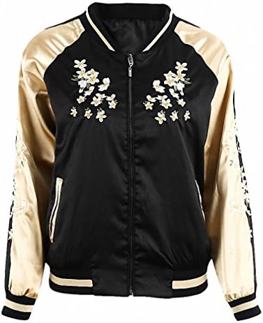 Vintage embroidery basic jacket coat Autumn NEW street satin bomber jacket Women reversible baseball jackets sukajan Black XL