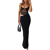 EYNMIN Women's V Neck Bodycon Maxi Dress Spaghetti Strap Cut Out Slit Long Formal Cocktail Party Wedding Guest Dresses