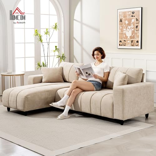 HOMCOM Sectional Couch with Changeable Chaise, Integrated Seat, 95" Large 3 Seater L-Shaped Sofa with Spring Cushion, 2 Pillows, Steel Frame, Sectional Sofa for Living Room, Beige