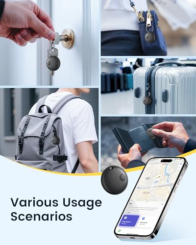 KUKIHO Tracker Tags 4 Pack Works with Apple Find My (iOS Only) | IP67 Waterproof, 100dB Sound, 12-Month Replaceable Battery, Item Locator for Keys, Wallet, Luggage, Black 4Pcs