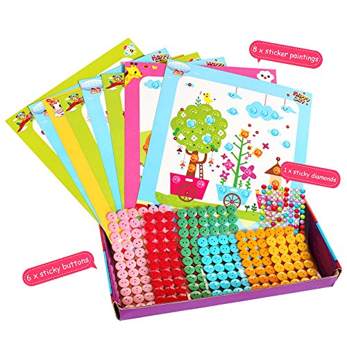 Lovyan Colorful Sticky Buttons and Diamonds Paintings Mosaic Sticker Art Sticky DIY Handmade Art Kits for Kids, Set of 8 (B)