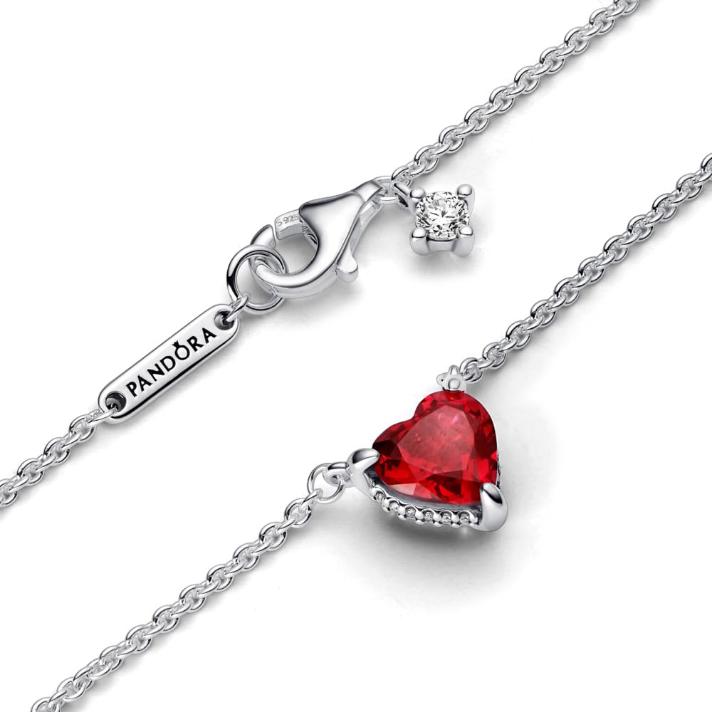 PANDORA Funkelnder Herzförmiger Strahlenkranz Collier-Halskette aus Sterlingsilber mit Zirkonia in der Farbe Silber-Rot, PANDORA Timeless Collection, Länge: 45cm, 392542C01-45