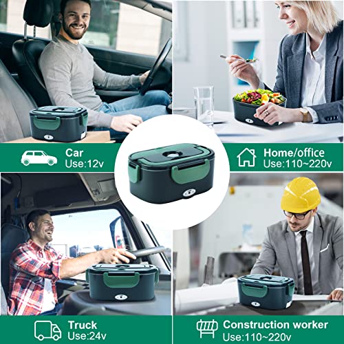 Gentre Portable Electric Lunch Box for Car Truck and Office 4 in 1 12 V/24 V/220 V ~ 240 V 1.5 L 60 W Stainless Steel Lunch Box, Compartments, Fork Spoon and Carry Bag