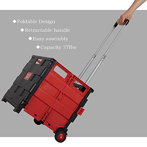 Dporticus Folding Two-Wheeled Trolley Hand Cart Plastic Hefty Heavy Carry Shopping Picnic Travel Office (Red/Large)