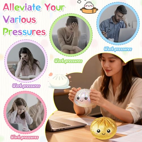Giant Glitter Dumpling Squishy, Bao Bun Dumpling Mystery Dumplings Squishy with Steamer,Anti Anxiety Fidget Toys for Kids & Adults,Stress Relief Fidget Toy for Party Birthday Christmas(Gold + Silver)