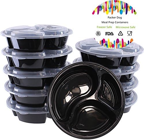 Packerdog 3 Compartment Round Food 10 Pack Containers With Lids for Meal Prep Reusable Bento Lunch Box, Stackable Food Storage Microwave and Dishwasher safe With 10 Forks