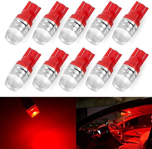 Tinpec 194 LED Light Bulb T10 Wedge Samsung High Power 1W Red LED Light Bulbs 168 192 921 (Pack of 10)-Red