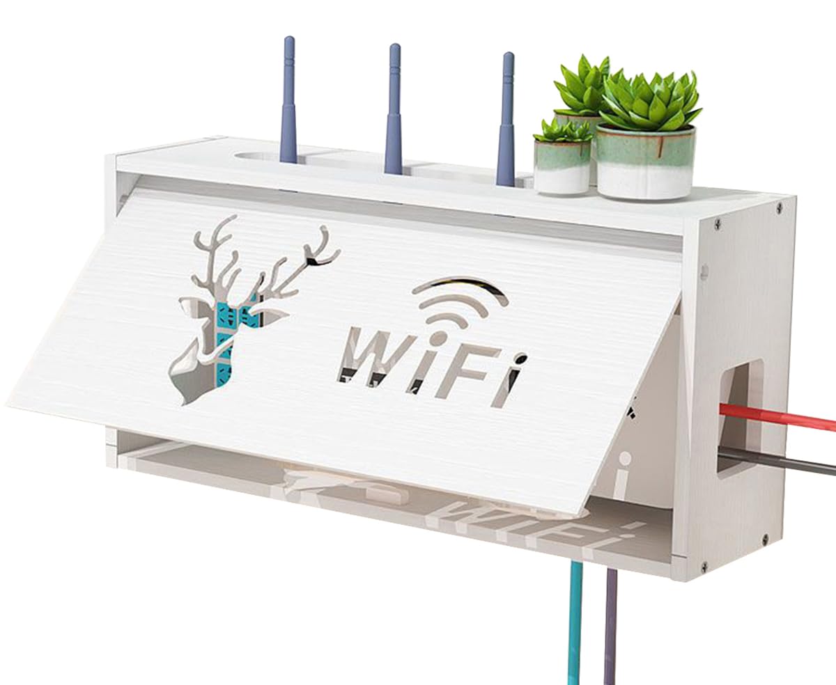 PUIOTEAI Router Shelf, Wifi Router Storage Box, MDF Wall Router Storage Shelf, Wall-Mounted Wifi Storage Box for Storage of Internet Cables, Routers, TV Set-Top Boxes etc.(White)