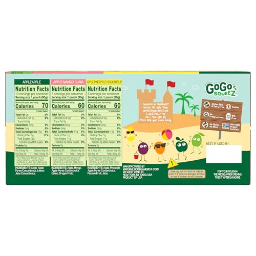 GOGO SQUEEZ APPLESAUCE AND FRUIT PUREE VARIETY PACK, APPLE, MANGO GUAVA & PINEAPPLE PASSIONFRUIT, 3.2 OZ (PACK OF 20), UNSWEETENED FRUIT SNACKS FOR KIDS, NO GLUTEN, NUT & DAIRY, BPA FREE POUCHES