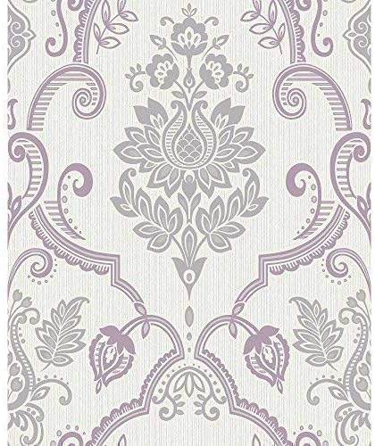 Holden Sandringham Floral Damask Pattern Glitter Vinyl Textured Wallpaper (Heather White 75731)