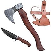 Hand-Forged Viking Axe & Damascus-Style Knife Set | Carbon Steel Norse Axe with Leather Sheath | Valhalla Axe & Knife Gift Set for Men | Camping, Collectors, Viking Gifts
