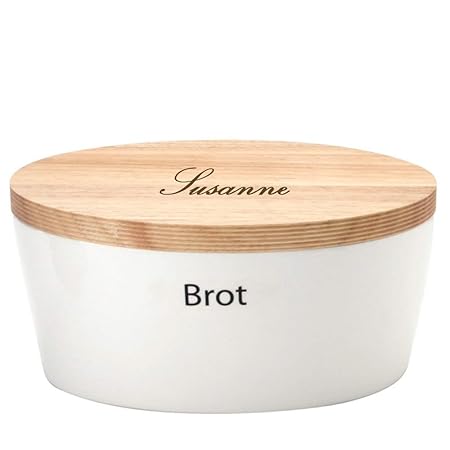 Continenta Brottopf MIT Gravur (z.B. Namen) oval mit Holzdeckel 27 x 20 x H 13 cm - Aufbewahrungsdose für Brot, Brötchen, Knä