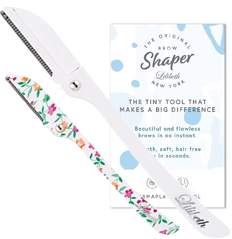 Lilibeth of New York Original Brow Shaper - Foldable Eyebrow Trimmer & Facial Hair Removal Device - Peach Fuzz Remover - Dermaplaning Tool for Women - Pack of 2 (Floral White)