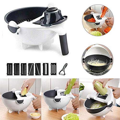 Rotate the Vegetable Cutter with Drain Basket 9 in 1 Slicer, Multi-functional Magic Kitchen Veggie Fruit Shredder Grater Slicer